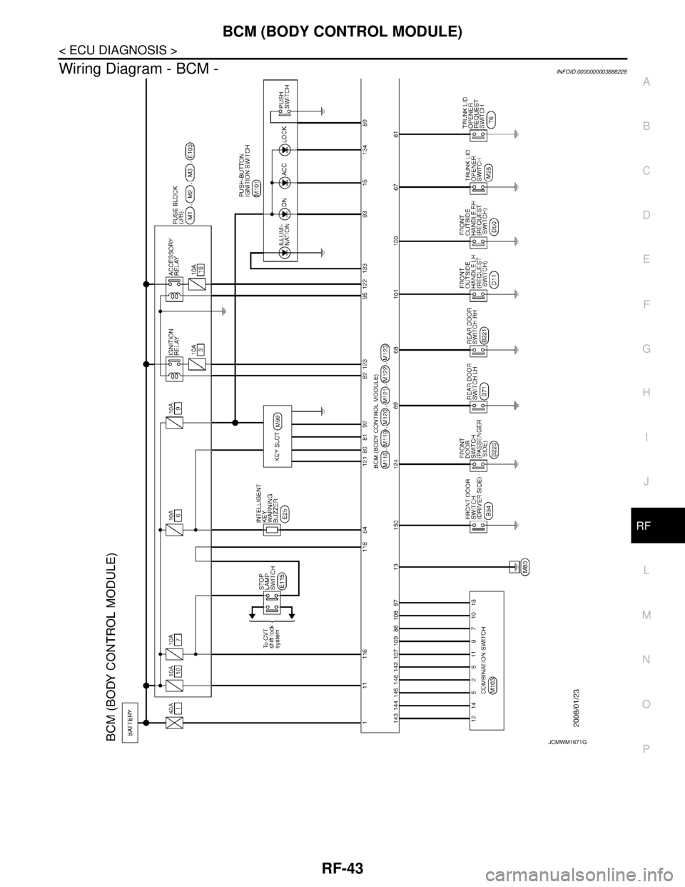 NISSAN TEANA 2008  Service Manual BCM (BODY CONTROL MODULE)
RF-43
< ECU DIAGNOSIS >
C
D
E
F
G
H
I
J
L
MA
B
RF
N
O
P
Wiring Diagram - BCM -INFOID:0000000003888228
JCMWM1671GB 