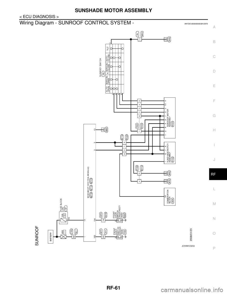 NISSAN TEANA 2008  Service Manual SUNSHADE MOTOR ASSEMBLY
RF-61
< ECU DIAGNOSIS >
C
D
E
F
G
H
I
J
L
MA
B
RF
N
O
P
Wiring Diagram - SUNROOF CONTROL SYSTEM -INFOID:0000000003812870
JCKWM1232GB 
