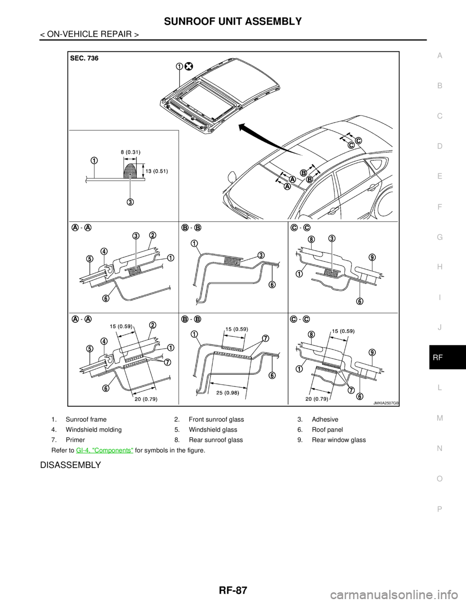 NISSAN TEANA 2008  Service Manual SUNROOF UNIT ASSEMBLY
RF-87
< ON-VEHICLE REPAIR >
C
D
E
F
G
H
I
J
L
MA
B
RF
N
O
P
DISASSEMBLY
1. Sunroof frame 2. Front sunroof glass 3. Adhesive
4. Windshield molding 5. Windshield glass 6. Roof pane