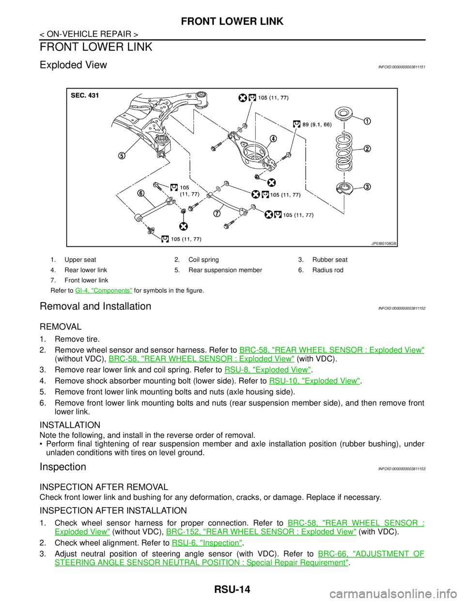 NISSAN TEANA 2008 Service Manual RSU-14
< ON-VEHICLE REPAIR >
FRONT LOWER LINK
FRONT LOWER LINK
Exploded ViewINFOID:0000000003811151
Removal and InstallationINFOID:0000000003811152
REMOVAL
1. Remove tire.
2. Remove wheel sensor and s NISSAN TEANA 2008 Service Manual RSU-14
< ON-VEHICLE REPAIR >
FRONT LOWER LINK
FRONT LOWER LINK
Exploded ViewINFOID:0000000003811151
Removal and InstallationINFOID:0000000003811152
REMOVAL
1. Remove tire.
2. Remove wheel sensor and s