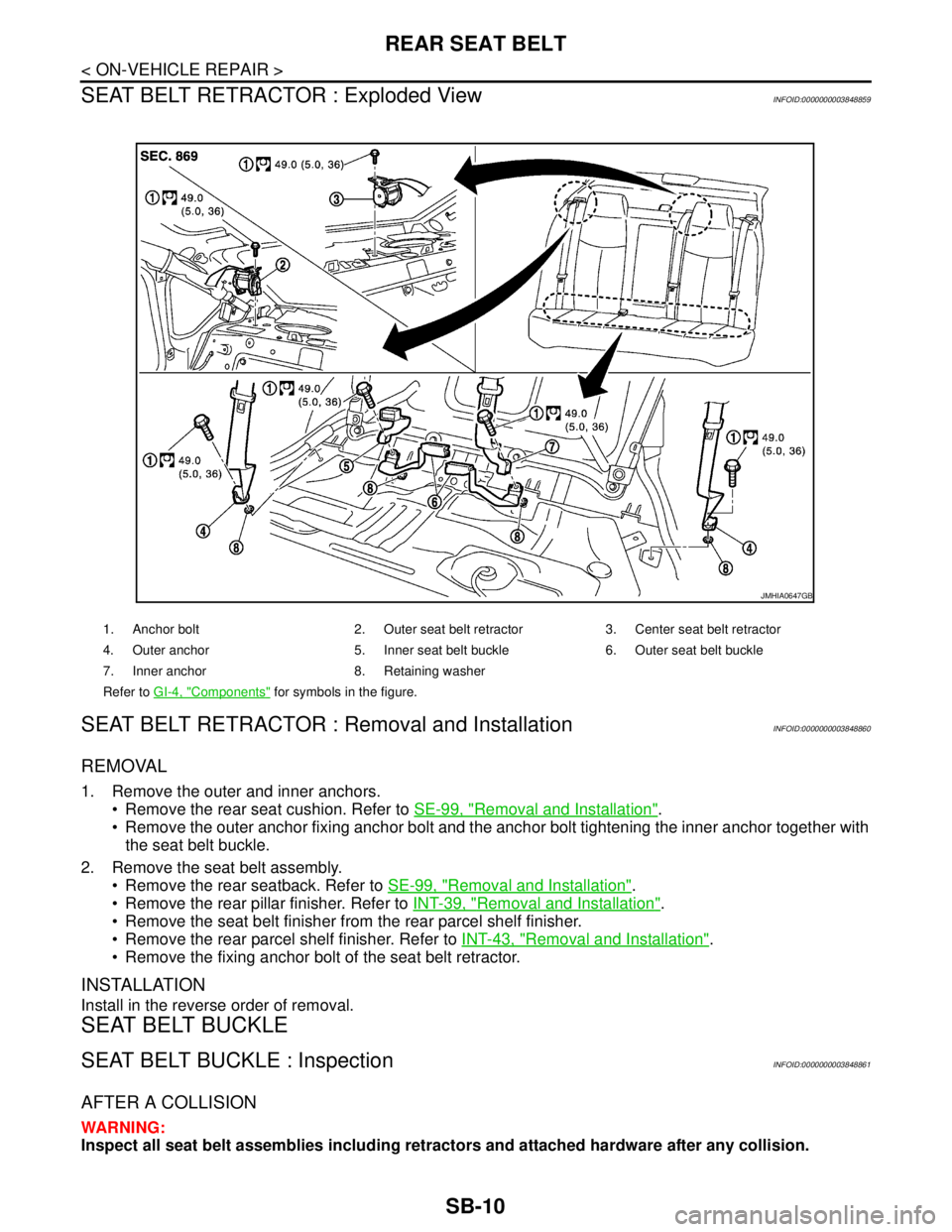 NISSAN TEANA 2008  Service Manual SB-10
< ON-VEHICLE REPAIR >
REAR SEAT BELT
SEAT BELT RETRACTOR : Exploded View
INFOID:0000000003848859
SEAT BELT RETRACTOR : Removal and InstallationINFOID:0000000003848860
REMOVAL
1. Remove the outer