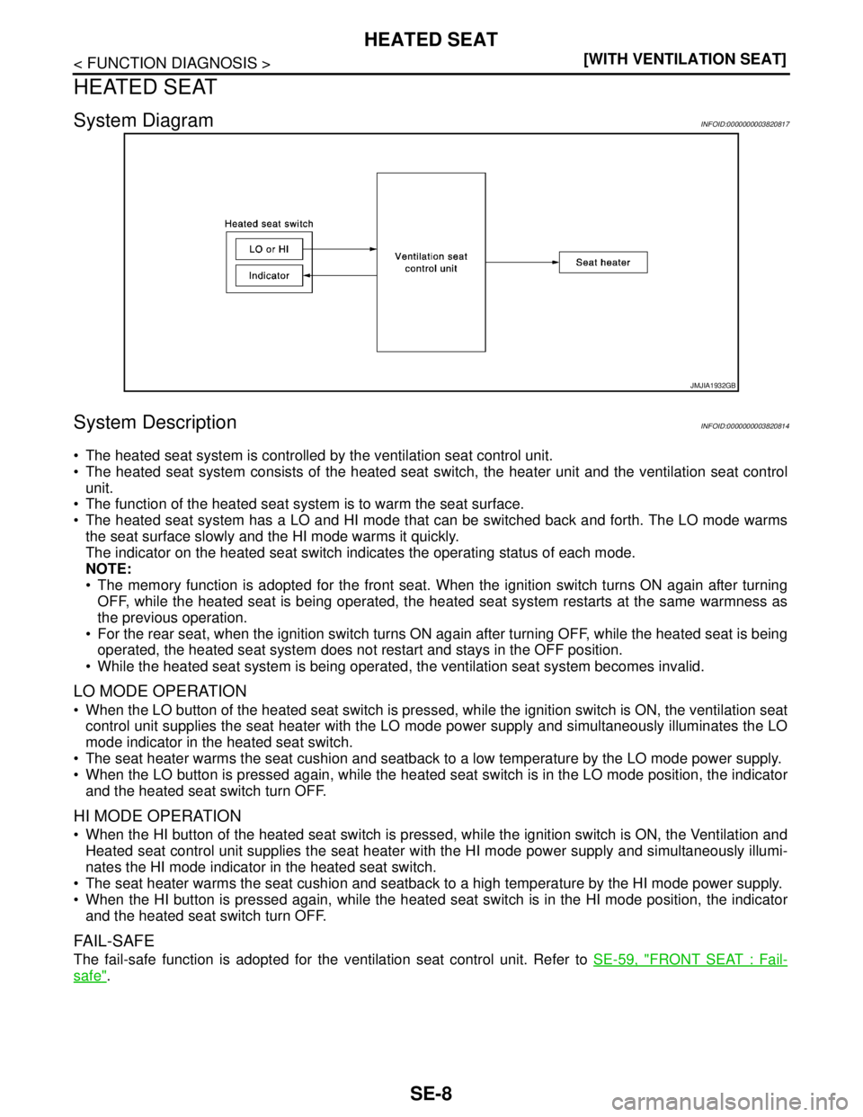 NISSAN TEANA 2008  Service Manual SE-8
< FUNCTION DIAGNOSIS >[WITH VENTILATION SEAT]
HEATED SEAT
HEATED SEAT
System DiagramINFOID:0000000003820817
System DescriptionINFOID:0000000003820814
 The heated seat system is controlled by the