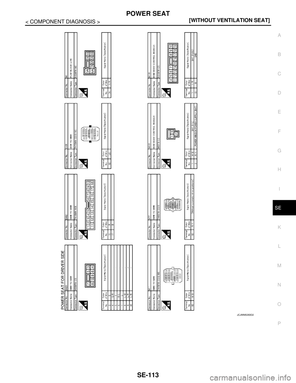 NISSAN TEANA 2008  Service Manual POWER SEAT
SE-113
< COMPONENT DIAGNOSIS >[WITHOUT VENTILATION SEAT]
C
D
E
F
G
H
I
K
L
MA
B
SE
N
O
P
JCJWM0283GB 
