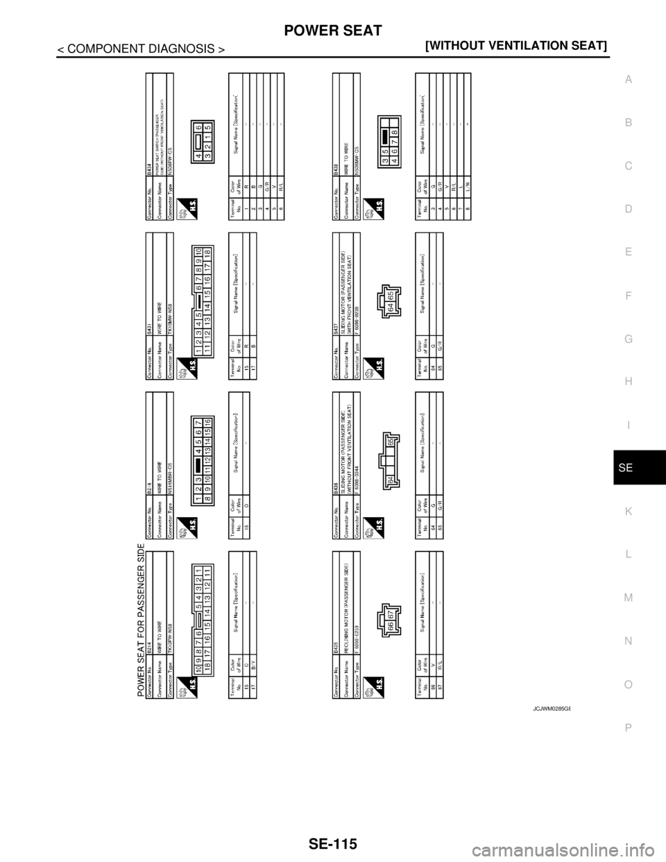 NISSAN TEANA 2008  Service Manual POWER SEAT
SE-115
< COMPONENT DIAGNOSIS >[WITHOUT VENTILATION SEAT]
C
D
E
F
G
H
I
K
L
MA
B
SE
N
O
P
JCJWM0285GB 