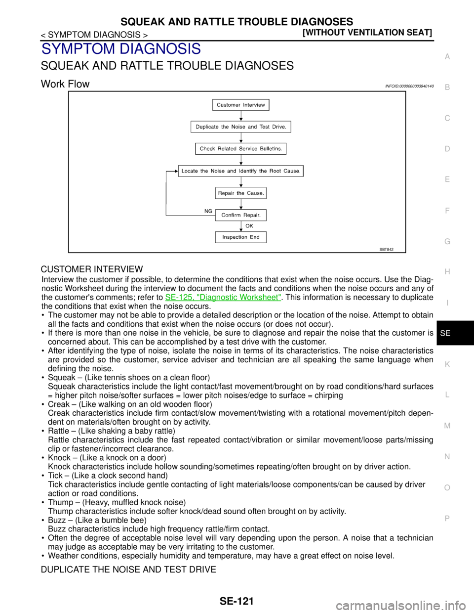 NISSAN TEANA 2008  Service Manual SQUEAK AND RATTLE TROUBLE DIAGNOSES
SE-121
< SYMPTOM DIAGNOSIS >[WITHOUT VENTILATION SEAT]
C
D
E
F
G
H
I
K
L
MA
B
SE
N
O
P
SYMPTOM DIAGNOSIS
SQUEAK AND RATTLE TROUBLE DIAGNOSES
Work FlowINFOID:0000000