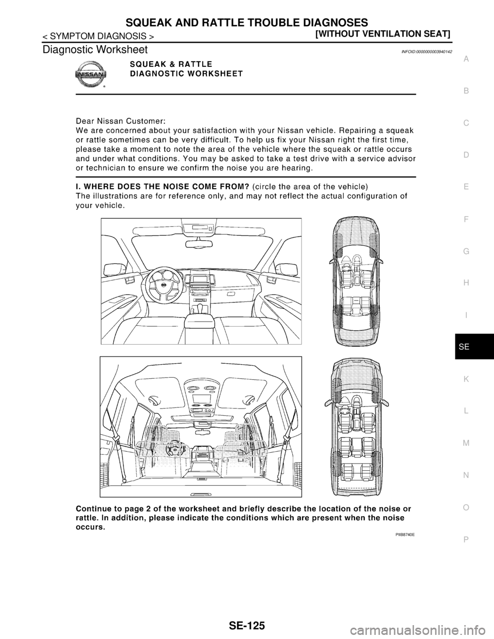 NISSAN TEANA 2008  Service Manual SQUEAK AND RATTLE TROUBLE DIAGNOSES
SE-125
< SYMPTOM DIAGNOSIS >[WITHOUT VENTILATION SEAT]
C
D
E
F
G
H
I
K
L
MA
B
SE
N
O
P
Diagnostic WorksheetINFOID:0000000003940142
PIIB8740E 