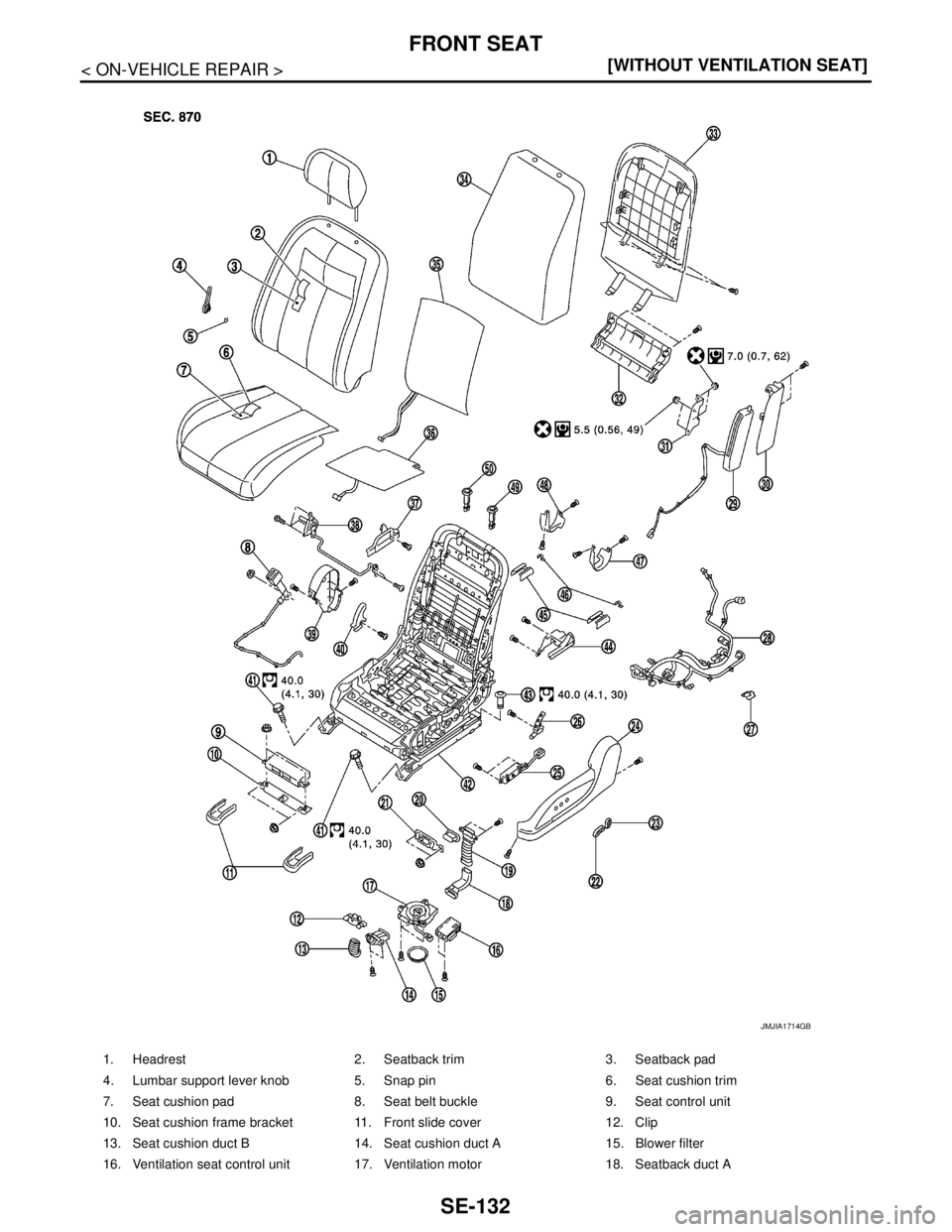 NISSAN TEANA 2008  Service Manual SE-132
< ON-VEHICLE REPAIR >[WITHOUT VENTILATION SEAT]
FRONT SEAT
1. Headrest 2. Seatback trim 3. Seatback pad
4. Lumbar support lever knob 5. Snap pin 6. Seat cushion trim
7. Seat cushion pad 8. Seat