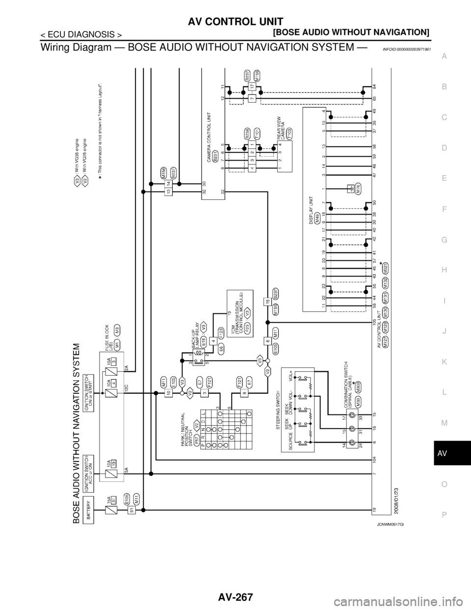 NISSAN TEANA 2008  Service Manual AV
AV CONTROL UNIT
AV-267
< ECU DIAGNOSIS >[BOSE AUDIO WITHOUT NAVIGATION]
C
D
E
F
G
H
I
J
K
L
MB A
O
P
Wiring Diagram — BOSE AUDIO WITHOUT NAVIGATION SYSTEM —INFOID:0000000003971961
JCNWM0917GB 