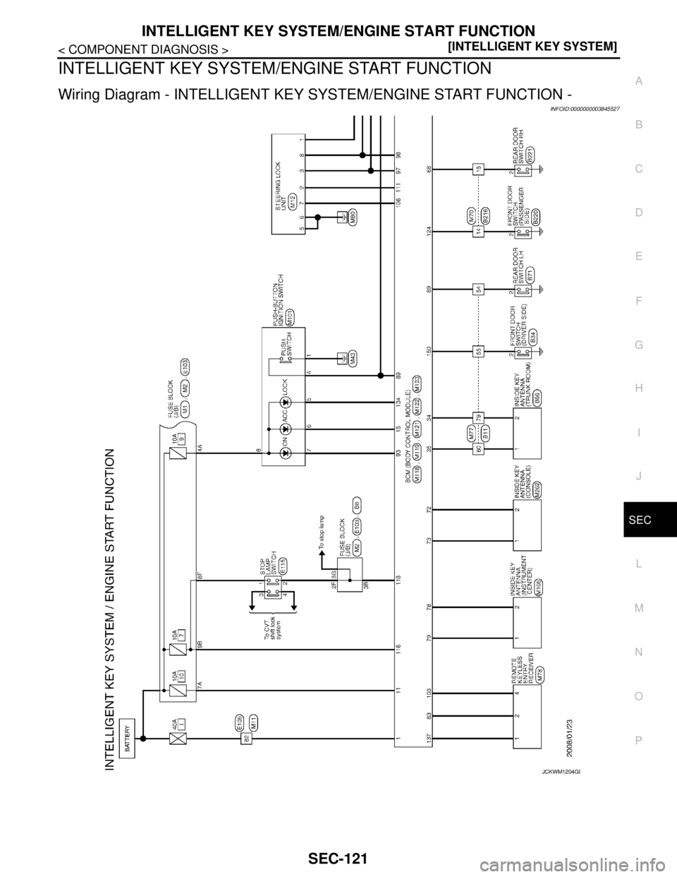 NISSAN TEANA 2008  Service Manual INTELLIGENT KEY SYSTEM/ENGINE START FUNCTION
SEC-121
< COMPONENT DIAGNOSIS >[INTELLIGENT KEY SYSTEM]
C
D
E
F
G
H
I
J
L
MA
B
SEC
N
O
P
INTELLIGENT KEY SYSTEM/ENGINE START FUNCTION
Wiring Diagram - INTE