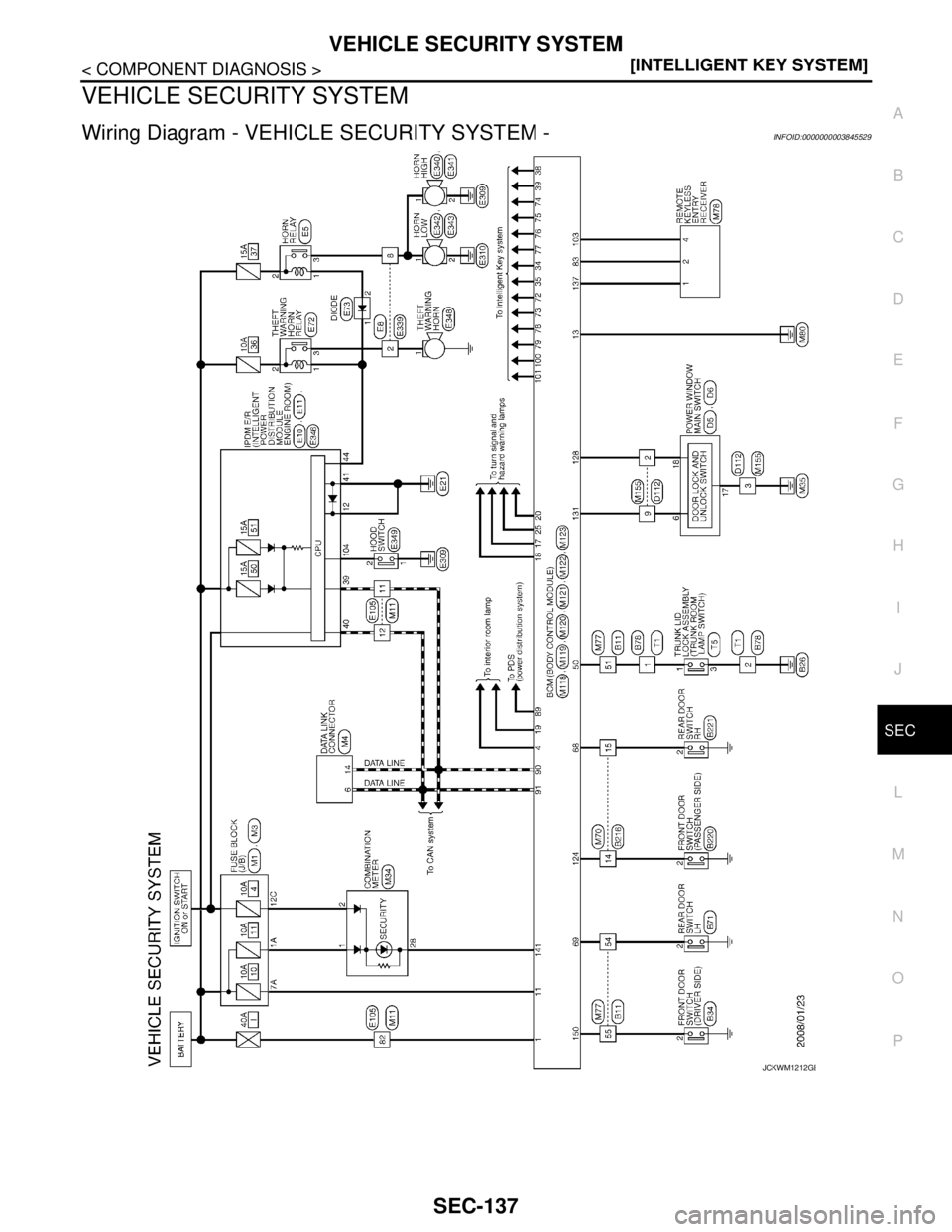 NISSAN TEANA 2008  Service Manual VEHICLE SECURITY SYSTEM
SEC-137
< COMPONENT DIAGNOSIS >[INTELLIGENT KEY SYSTEM]
C
D
E
F
G
H
I
J
L
MA
B
SEC
N
O
P
VEHICLE SECURITY SYSTEM
Wiring Diagram - VEHICLE SECURITY SYSTEM -INFOID:00000000038455