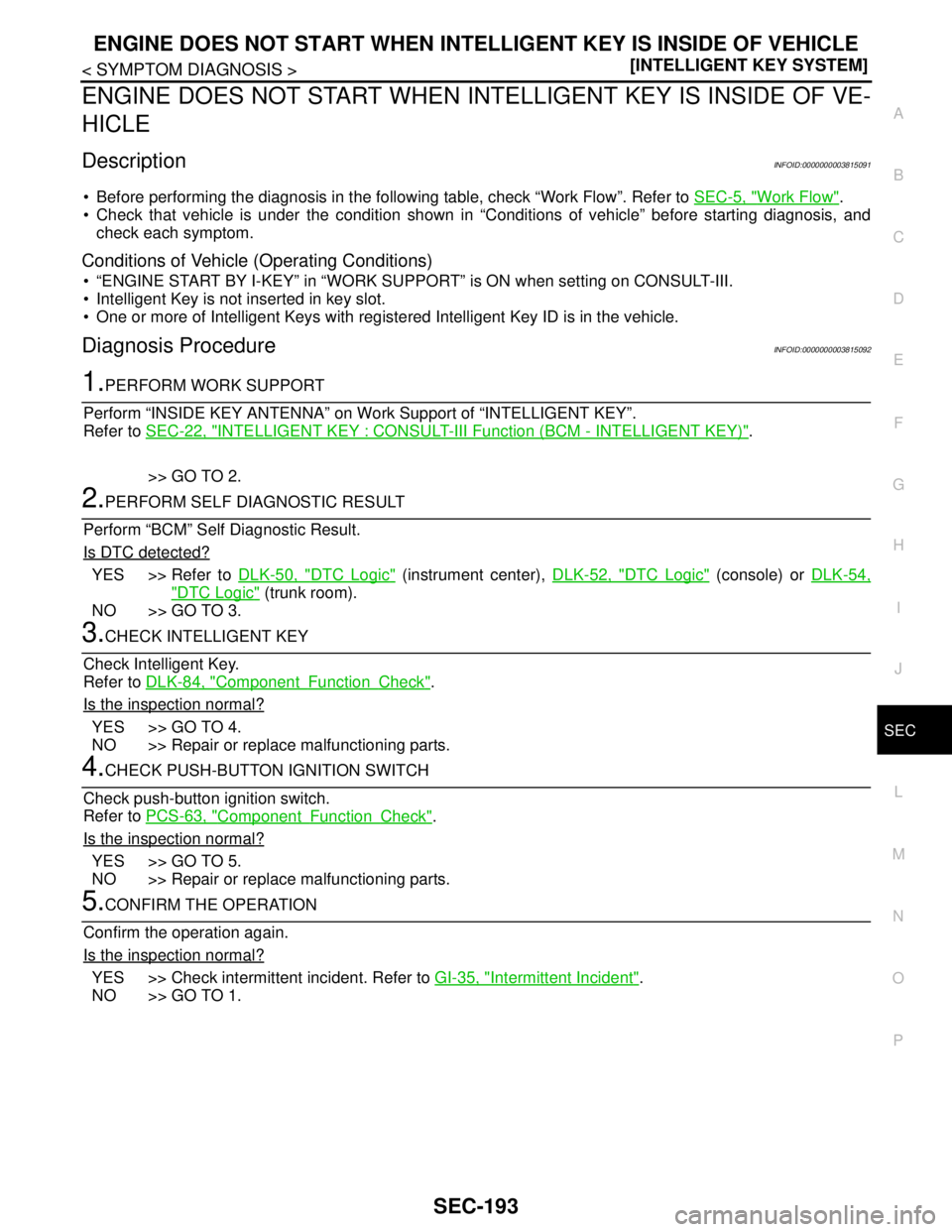 NISSAN TEANA 2008  Service Manual ENGINE DOES NOT START WHEN INTELLIGENT KEY IS INSIDE OF VEHICLE
SEC-193
< SYMPTOM DIAGNOSIS >[INTELLIGENT KEY SYSTEM]
C
D
E
F
G
H
I
J
L
MA
B
SEC
N
O
P
ENGINE DOES NOT START WHEN INTELLIGENT KEY IS INS