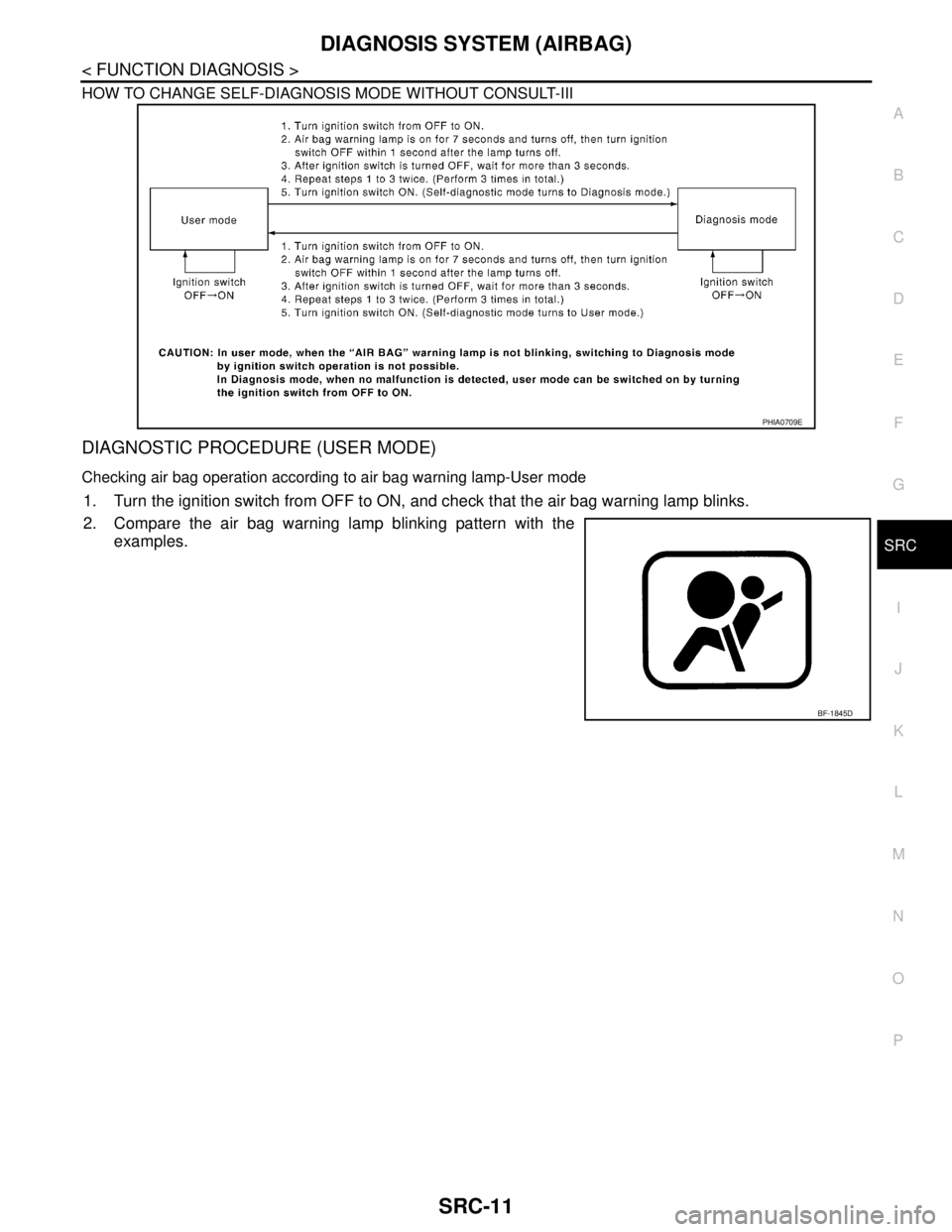 NISSAN TEANA 2008  Service Manual DIAGNOSIS SYSTEM (AIRBAG)
SRC-11
< FUNCTION DIAGNOSIS >
C
D
E
F
G
I
J
K
L
MA
B
SRC
N
O
P HOW TO CHANGE SELF-DIAGNOSIS MODE WITHOUT CONSULT-III
DIAGNOSTIC PROCEDURE (USER MODE) 
Checking air bag operat