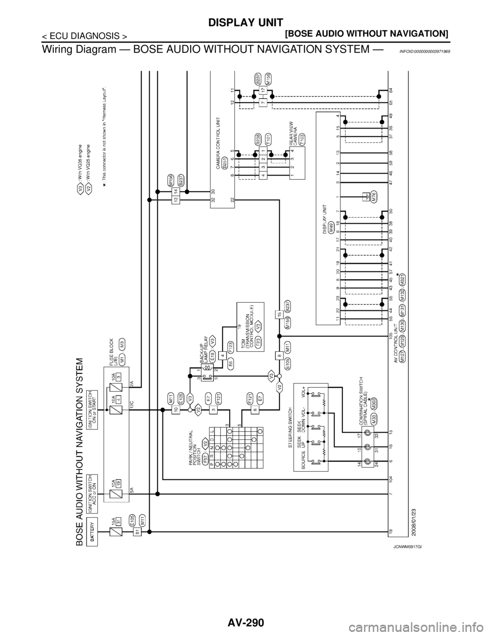 NISSAN TEANA 2008  Service Manual AV-290
< ECU DIAGNOSIS >[BOSE AUDIO WITHOUT NAVIGATION]
DISPLAY UNIT
Wiring Diagram — BOSE AUDIO WITHOUT NAVIGATION SYSTEM —
INFOID:0000000003971969
JCNWM0917GB 