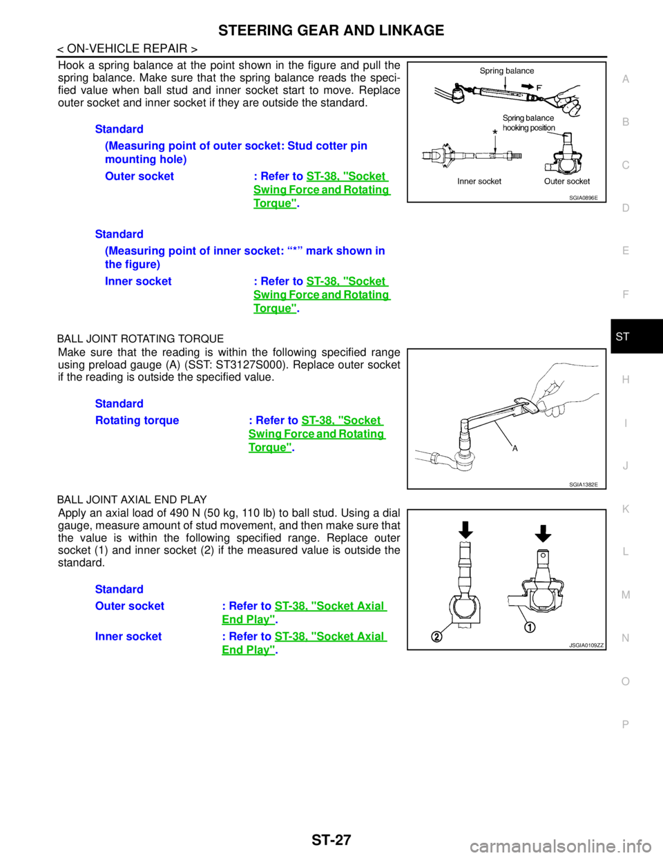 NISSAN TEANA 2008 Service Manual STEERING GEAR AND LINKAGE
ST-27
< ON-VEHICLE REPAIR >
C
D
E
F
H
I
J
K
L
MA
B
ST
N
O
P
Hook a spring balance at the point shown in the figure and pull the
spring balance. Make sure that the spring bala NISSAN TEANA 2008 Service Manual STEERING GEAR AND LINKAGE
ST-27
< ON-VEHICLE REPAIR >
C
D
E
F
H
I
J
K
L
MA
B
ST
N
O
P
Hook a spring balance at the point shown in the figure and pull the
spring balance. Make sure that the spring bala