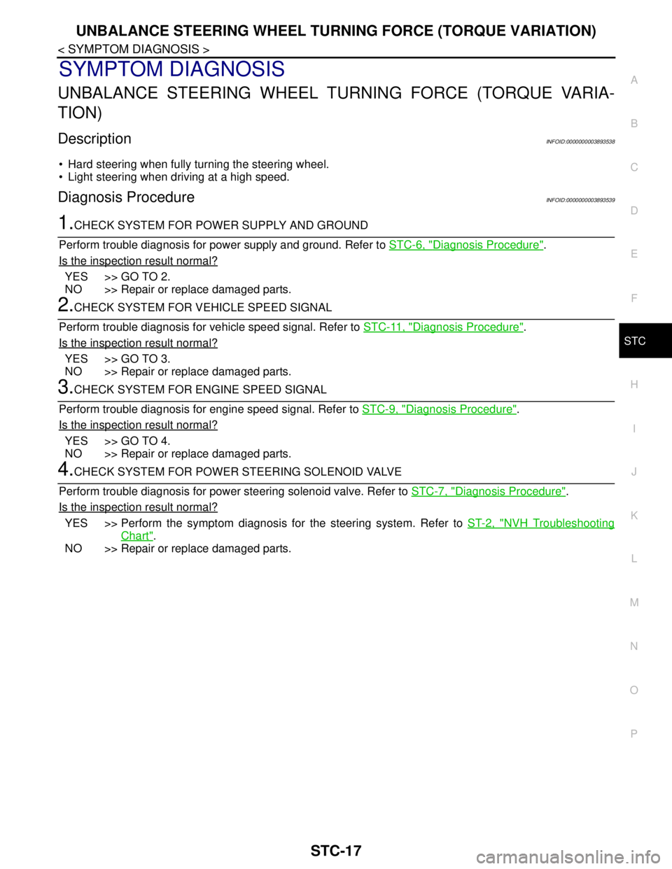 NISSAN TEANA 2008 Service Manual UNBALANCE STEERING WHEEL TURNING FORCE (TORQUE VARIATION)
STC-17
< SYMPTOM DIAGNOSIS >
C
D
E
F
H
I
J
K
L
MA
B
STC
N
O
P
SYMPTOM DIAGNOSIS
UNBALANCE STEERING WHEEL TURNING FORCE (TORQUE VARIA-
TION)
De NISSAN TEANA 2008 Service Manual UNBALANCE STEERING WHEEL TURNING FORCE (TORQUE VARIATION)
STC-17
< SYMPTOM DIAGNOSIS >
C
D
E
F
H
I
J
K
L
MA
B
STC
N
O
P
SYMPTOM DIAGNOSIS
UNBALANCE STEERING WHEEL TURNING FORCE (TORQUE VARIA-
TION)
De