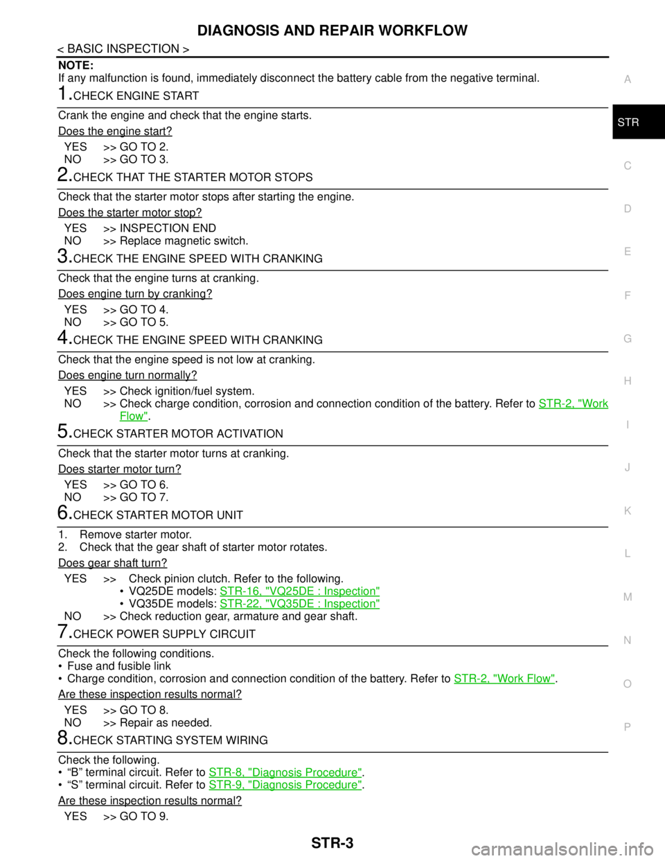 NISSAN TEANA 2008 Service Manual DIAGNOSIS AND REPAIR WORKFLOW
STR-3
< BASIC INSPECTION >
C
D
E
F
G
H
I
J
K
L
MA
STR
N
P O
NOTE:
If any malfunction is found, immediately disconnect the battery cable from the negative terminal.
1.CHEC NISSAN TEANA 2008 Service Manual DIAGNOSIS AND REPAIR WORKFLOW
STR-3
< BASIC INSPECTION >
C
D
E
F
G
H
I
J
K
L
MA
STR
N
P O
NOTE:
If any malfunction is found, immediately disconnect the battery cable from the negative terminal.
1.CHEC