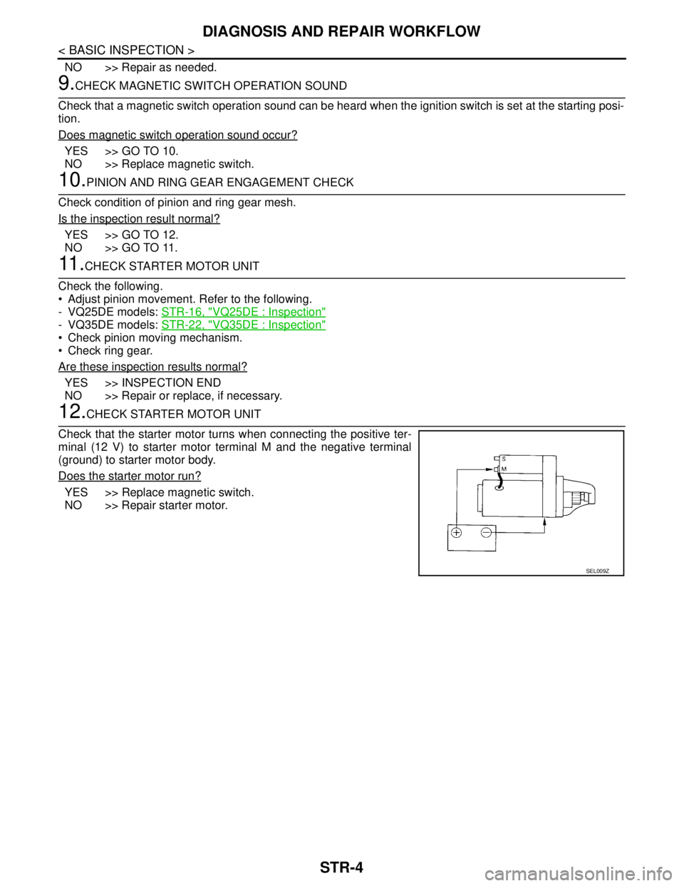 NISSAN TEANA 2008 Service Manual STR-4
< BASIC INSPECTION >
DIAGNOSIS AND REPAIR WORKFLOW
NO >> Repair as needed.
9.CHECK MAGNETIC SWITCH OPERATION SOUND
Check that a magnetic switch operation sound can be heard when the ignition swi NISSAN TEANA 2008 Service Manual STR-4
< BASIC INSPECTION >
DIAGNOSIS AND REPAIR WORKFLOW
NO >> Repair as needed.
9.CHECK MAGNETIC SWITCH OPERATION SOUND
Check that a magnetic switch operation sound can be heard when the ignition swi