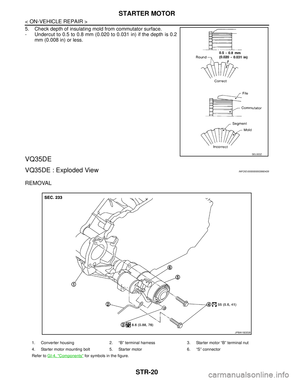 NISSAN TEANA 2008 Service Manual STR-20
< ON-VEHICLE REPAIR >
STARTER MOTOR
5. Check depth of insulating mold from commutator surface.
- Undercut to 0.5 to 0.8 mm (0.020 to 0.031 in) if the depth is 0.2
mm (0.008 in) or less.
VQ35DE NISSAN TEANA 2008 Service Manual STR-20
< ON-VEHICLE REPAIR >
STARTER MOTOR
5. Check depth of insulating mold from commutator surface.
- Undercut to 0.5 to 0.8 mm (0.020 to 0.031 in) if the depth is 0.2
mm (0.008 in) or less.
VQ35DE