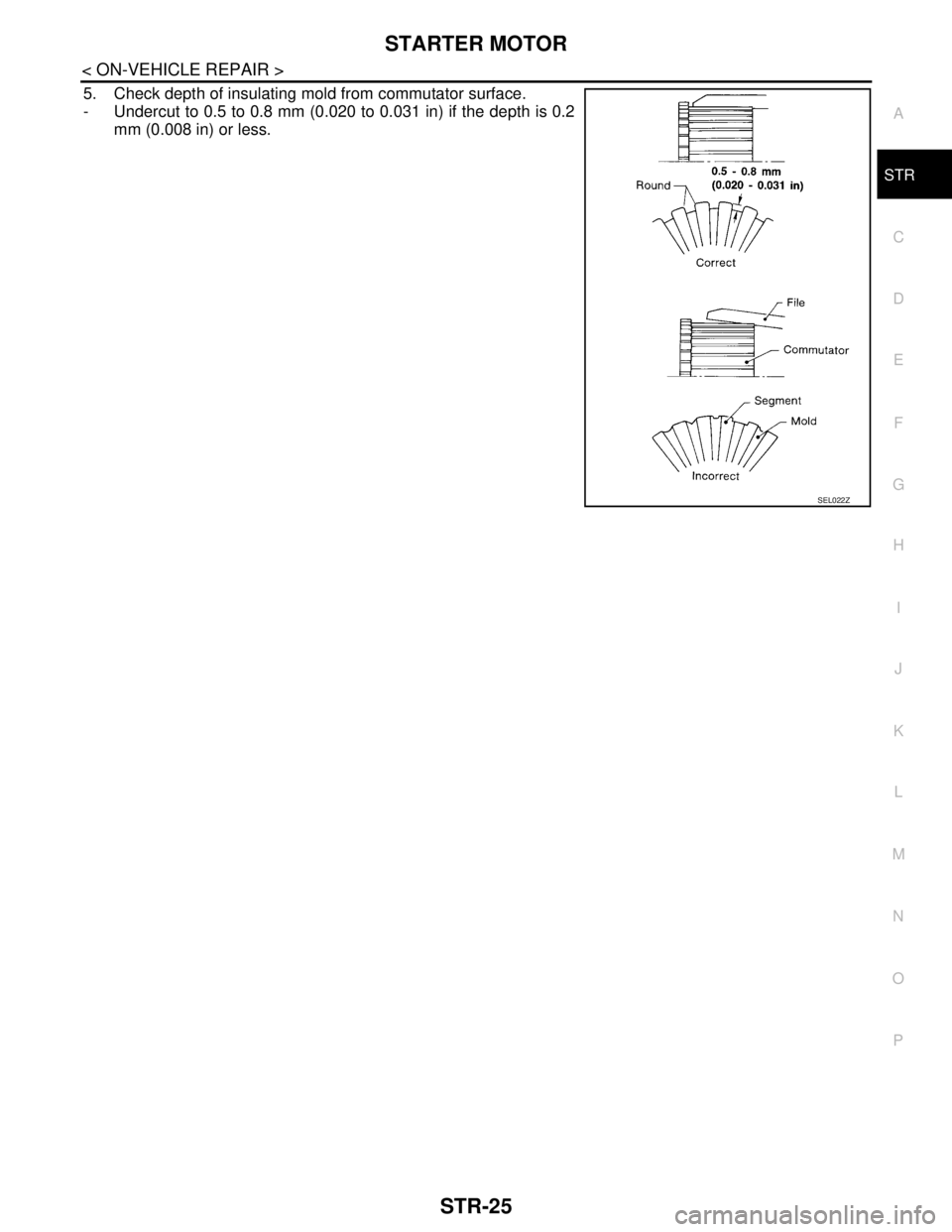 NISSAN TEANA 2008 Service Manual STARTER MOTOR
STR-25
< ON-VEHICLE REPAIR >
C
D
E
F
G
H
I
J
K
L
MA
STR
N
P O
5. Check depth of insulating mold from commutator surface.
- Undercut to 0.5 to 0.8 mm (0.020 to 0.031 in) if the depth is 0 NISSAN TEANA 2008 Service Manual STARTER MOTOR
STR-25
< ON-VEHICLE REPAIR >
C
D
E
F
G
H
I
J
K
L
MA
STR
N
P O
5. Check depth of insulating mold from commutator surface.
- Undercut to 0.5 to 0.8 mm (0.020 to 0.031 in) if the depth is 0