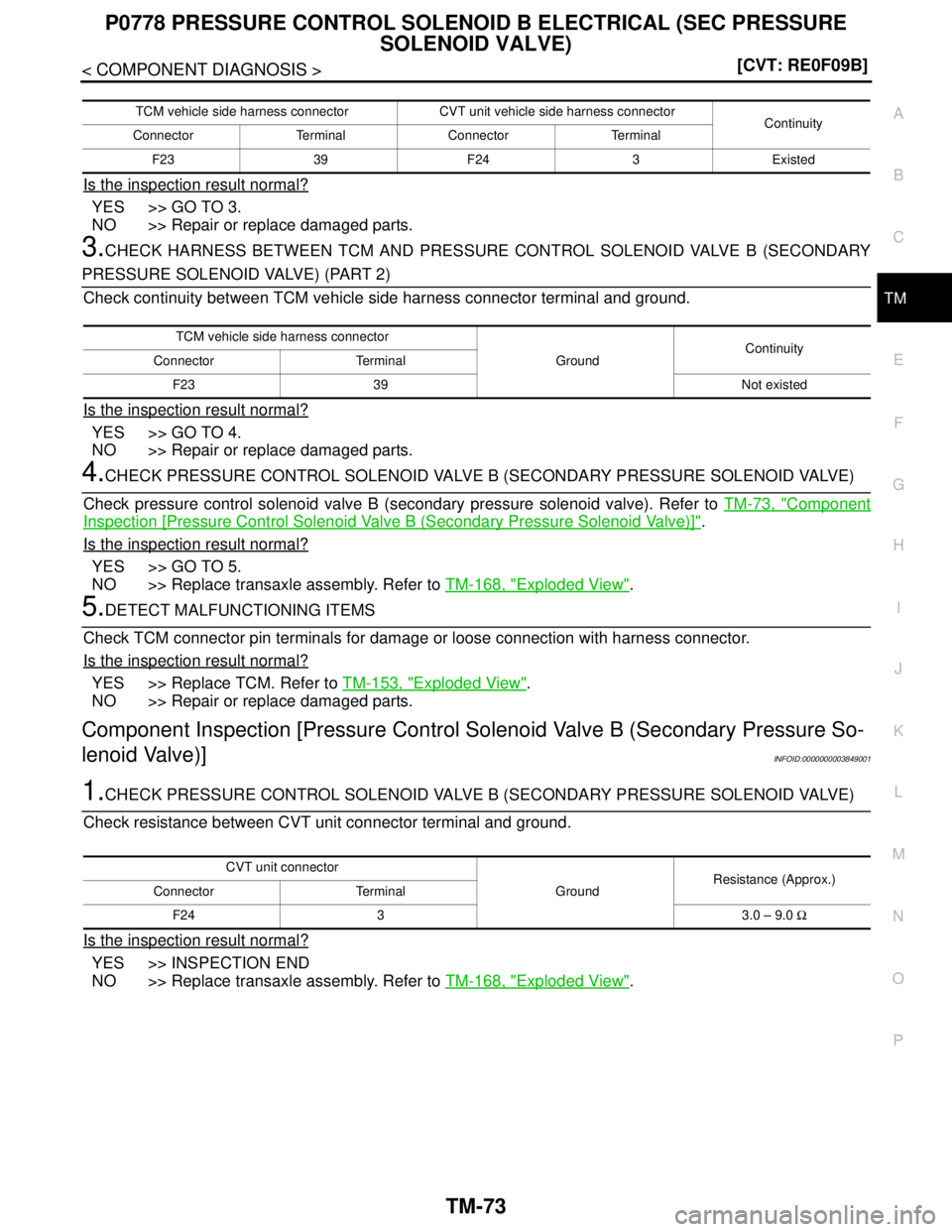 NISSAN TEANA 2008  Service Manual P0778 PRESSURE CONTROL SOLENOID B ELECTRICAL (SEC PRESSURE 
SOLENOID VALVE)
TM-73
< COMPONENT DIAGNOSIS >[CVT: RE0F09B]
C
E
F
G
H
I
J
K
L
MA
B
TM
N
O
P
Is the inspection result normal?
YES >> GO TO 3.