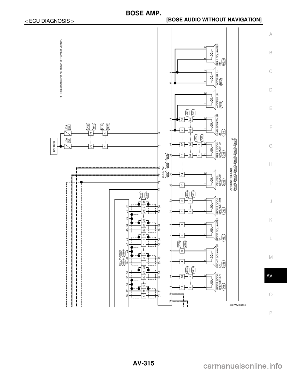 NISSAN TEANA 2008  Service Manual AV
BOSE AMP.
AV-315
< ECU DIAGNOSIS >[BOSE AUDIO WITHOUT NAVIGATION]
C
D
E
F
G
H
I
J
K
L
MB A
O
P
JCNWM0920GB 