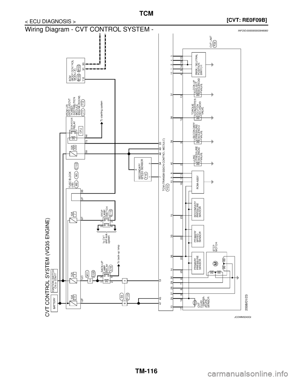 NISSAN TEANA 2008  Service Manual TM-116
< ECU DIAGNOSIS >[CVT: RE0F09B]
TCM
Wiring Diagram - CVT CONTROL SYSTEM -
INFOID:0000000003849060
JCDWM0243GB 