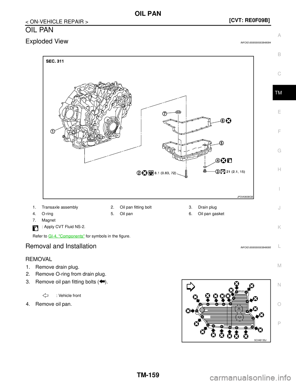 NISSAN TEANA 2008  Service Manual OIL PAN
TM-159
< ON-VEHICLE REPAIR >[CVT: RE0F09B]
C
E
F
G
H
I
J
K
L
MA
B
TM
N
O
P
OIL PAN
Exploded ViewINFOID:0000000003849094
Removal and InstallationINFOID:0000000003849095
REMOVAL
1. Remove drain 
