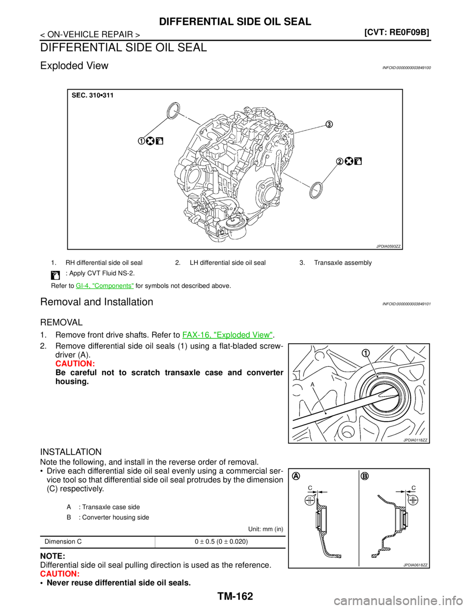 NISSAN TEANA 2008  Service Manual TM-162
< ON-VEHICLE REPAIR >[CVT: RE0F09B]
DIFFERENTIAL SIDE OIL SEAL
DIFFERENTIAL SIDE OIL SEAL
Exploded ViewINFOID:0000000003849100
Removal and InstallationINFOID:0000000003849101
REMOVAL
1. Remove 