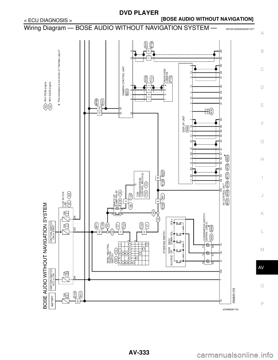 NISSAN TEANA 2008  Service Manual AV
DVD PLAYER
AV-333
< ECU DIAGNOSIS >[BOSE AUDIO WITHOUT NAVIGATION]
C
D
E
F
G
H
I
J
K
L
MB A
O
P
Wiring Diagram — BOSE AUDIO WITHOUT NAVIGATION SYSTEM —INFOID:0000000003971971
JCNWM0917GB 