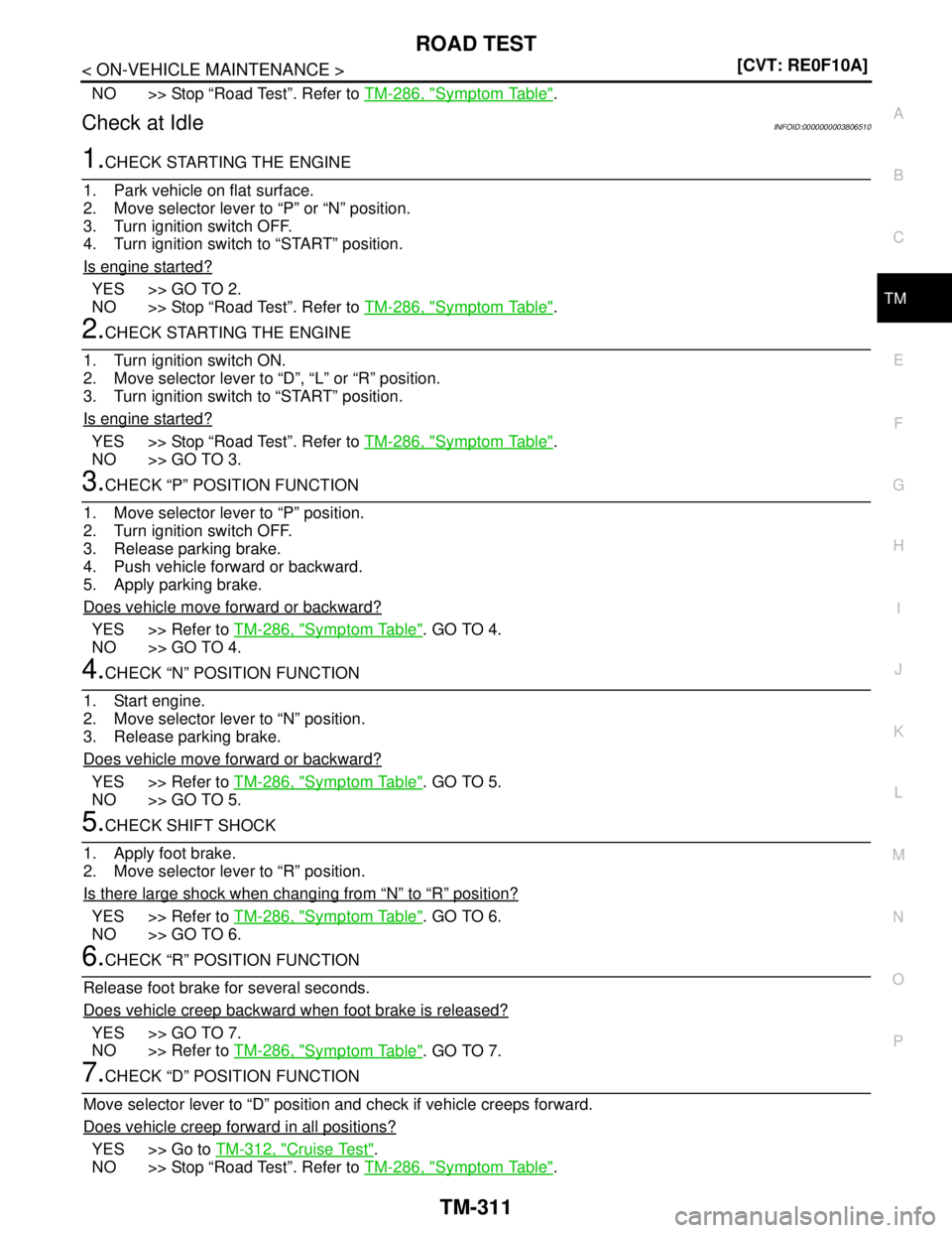 NISSAN TEANA 2008  Service Manual ROAD TEST
TM-311
< ON-VEHICLE MAINTENANCE >[CVT: RE0F10A]
C
E
F
G
H
I
J
K
L
MA
B
TM
N
O
P
NO >> Stop “Road Test”. Refer to TM-286, "Symptom Table".
Check at IdleINFOID:0000000003806510
1.CHECK STA