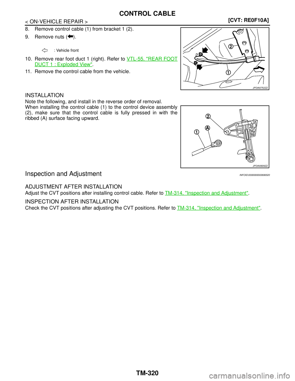 NISSAN TEANA 2008  Service Manual TM-320
< ON-VEHICLE REPAIR >[CVT: RE0F10A]
CONTROL CABLE
8. Remove control cable (1) from bracket 1 (2).
9. Remove nuts ( ).
10. Remove rear foot duct 1 (right). Refer to VTL-55, "
REAR FOOT
DUCT 1 : 