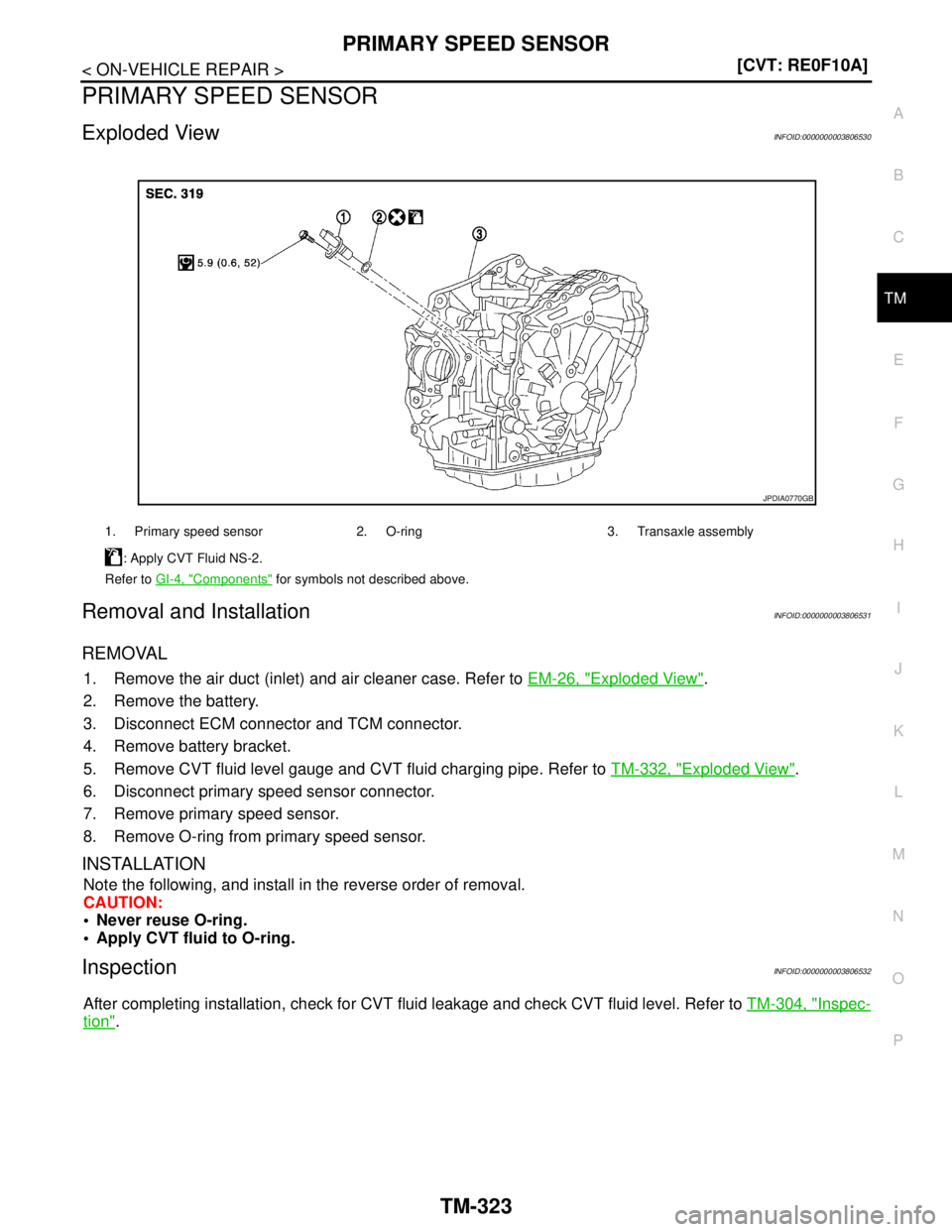 NISSAN TEANA 2008  Service Manual PRIMARY SPEED SENSOR
TM-323
< ON-VEHICLE REPAIR >[CVT: RE0F10A]
C
E
F
G
H
I
J
K
L
MA
B
TM
N
O
P
PRIMARY SPEED SENSOR
Exploded ViewINFOID:0000000003806530
Removal and InstallationINFOID:000000000380653