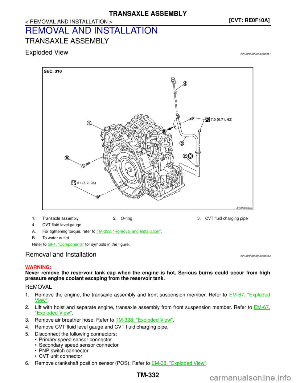 NISSAN TEANA 2008  Service Manual TM-332
< REMOVAL AND INSTALLATION >[CVT: RE0F10A]
TRANSAXLE ASSEMBLY
REMOVAL AND INSTALLATION
TRANSAXLE ASSEMBLY
Exploded ViewINFOID:0000000003806551
Removal and InstallationINFOID:0000000003806552
WA