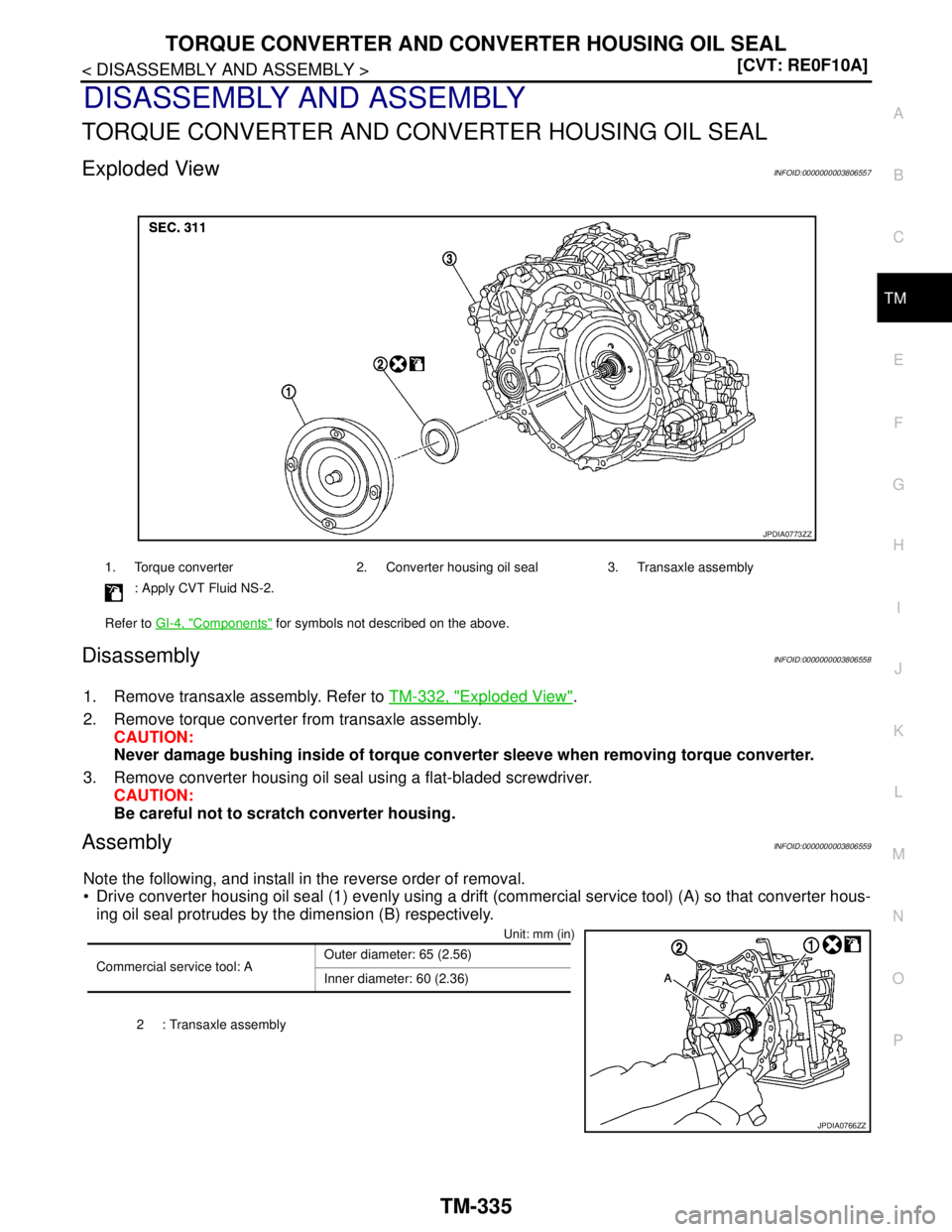 NISSAN TEANA 2008  Service Manual TORQUE CONVERTER AND CONVERTER HOUSING OIL SEAL
TM-335
< DISASSEMBLY AND ASSEMBLY >[CVT: RE0F10A]
C
E
F
G
H
I
J
K
L
MA
B
TM
N
O
P
DISASSEMBLY AND ASSEMBLY
TORQUE CONVERTER AND CONVERTER HOUSING OIL SE