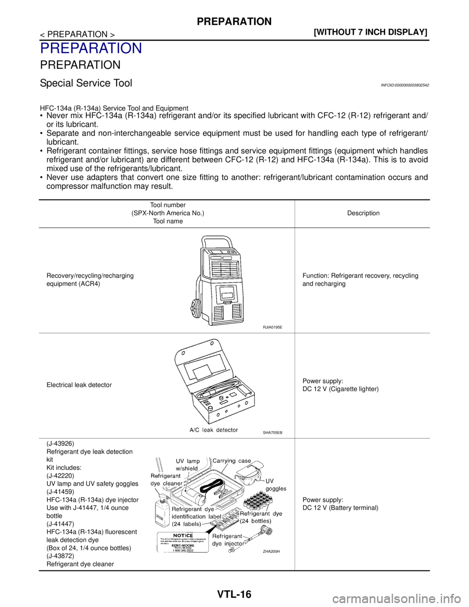 NISSAN TEANA 2008  Service Manual VTL-16
< PREPARATION >[WITHOUT 7 INCH DISPLAY]
PREPARATION
PREPARATION
PREPARATION
Special Service ToolINFOID:0000000003802542
HFC-134a (R-134a) Service Tool and Equipment Never mix HFC-134a (R-134a)