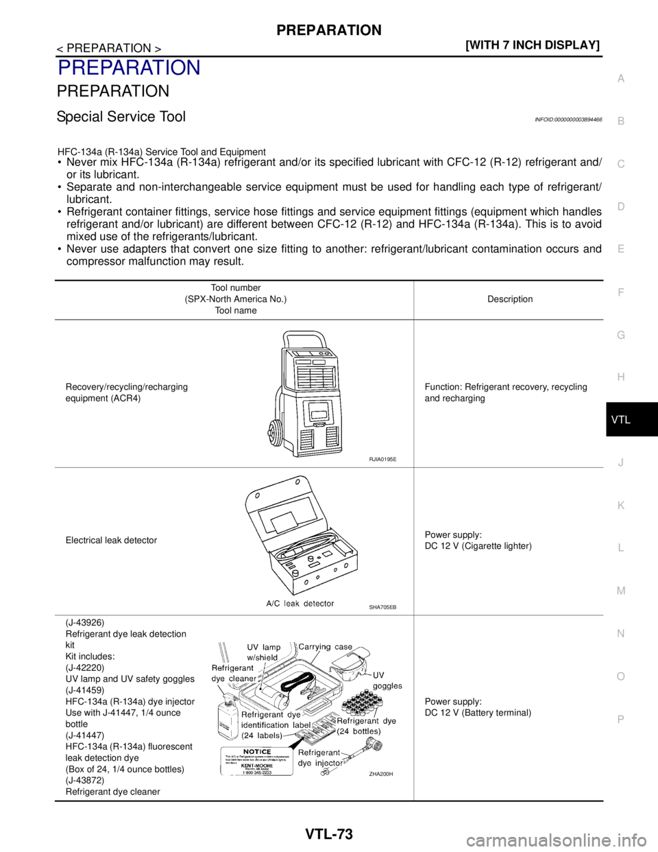 NISSAN TEANA 2008  Service Manual PREPARATION
VTL-73
< PREPARATION >[WITH 7 INCH DISPLAY]
C
D
E
F
G
H
J
K
L
MA
B
VTL
N
O
P
PREPARATION
PREPARATION
Special Service ToolINFOID:0000000003894466
HFC-134a (R-134a) Service Tool and Equipmen