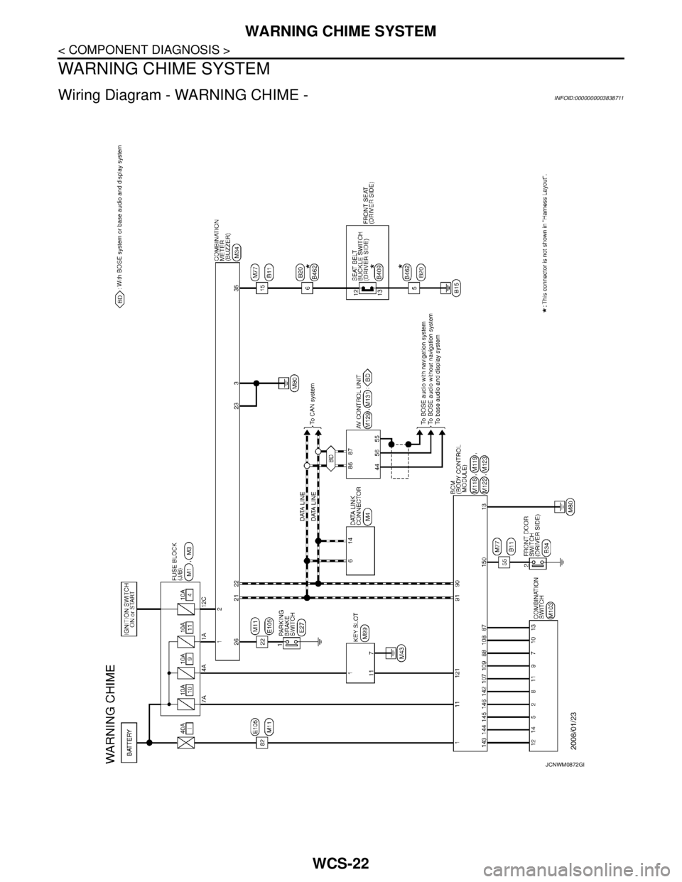 NISSAN TEANA 2008 Service Manual WCS-22
< COMPONENT DIAGNOSIS >
WARNING CHIME SYSTEM
WARNING CHIME SYSTEM
Wiring Diagram - WARNING CHIME -INFOID:0000000003838711
JCNWM0872GB NISSAN TEANA 2008 Service Manual WCS-22
< COMPONENT DIAGNOSIS >
WARNING CHIME SYSTEM
WARNING CHIME SYSTEM
Wiring Diagram - WARNING CHIME -INFOID:0000000003838711
JCNWM0872GB