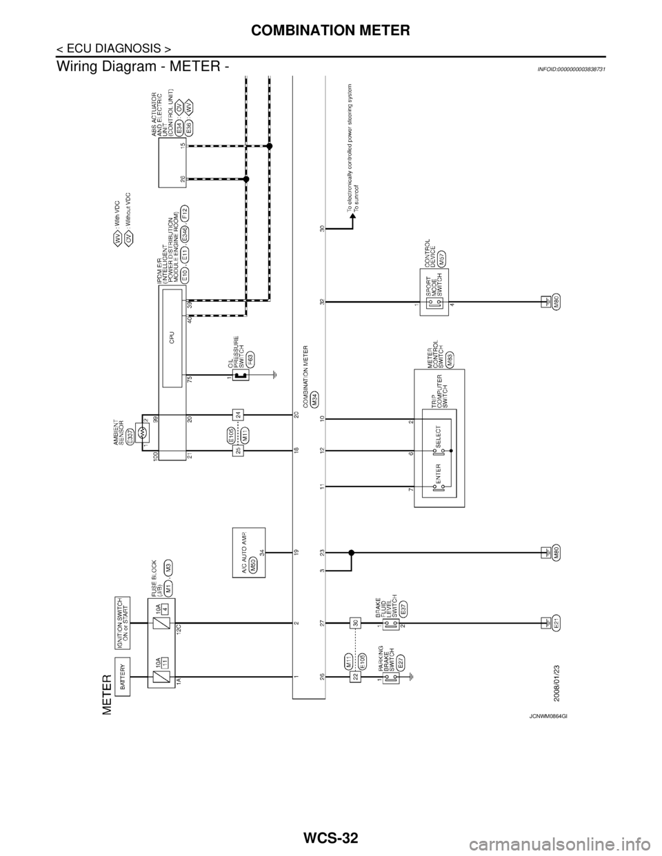 NISSAN TEANA 2008 Service Manual WCS-32
< ECU DIAGNOSIS >
COMBINATION METER
Wiring Diagram - METER -
INFOID:0000000003838731
JCNWM0864GB NISSAN TEANA 2008 Service Manual WCS-32
< ECU DIAGNOSIS >
COMBINATION METER
Wiring Diagram - METER -
INFOID:0000000003838731
JCNWM0864GB