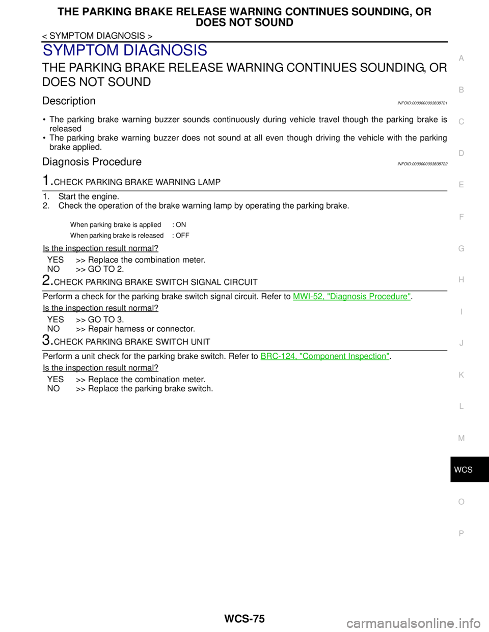 NISSAN TEANA 2008  Service Manual WCS
THE PARKING BRAKE RELEASE WARNING CONTINUES SOUNDING, OR 
DOES NOT SOUND
WCS-75
< SYMPTOM DIAGNOSIS >
C
D
E
F
G
H
I
J
K
L
MB A
O
P
SYMPTOM DIAGNOSIS
THE PARKING BRAKE RELEASE WARNING CONTINUES SOU
