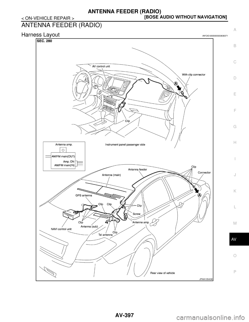 NISSAN TEANA 2008  Service Manual AV
ANTENNA FEEDER (RADIO)
AV-397
< ON-VEHICLE REPAIR >[BOSE AUDIO WITHOUT NAVIGATION]
C
D
E
F
G
H
I
J
K
L
MB A
O
P
ANTENNA FEEDER (RADIO)
Harness LayoutINFOID:0000000003838371
JPNIA1054GB 