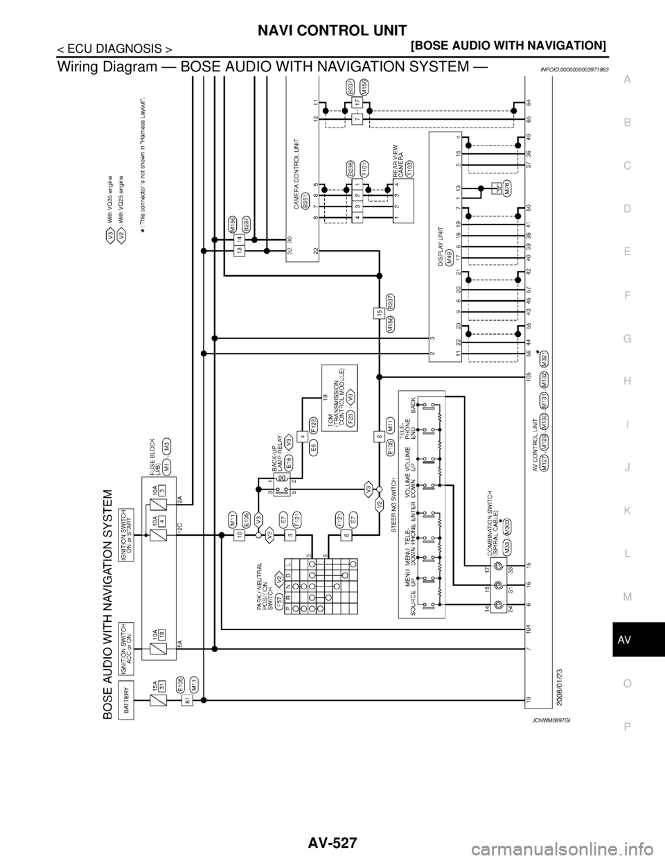 NISSAN TEANA 2008  Service Manual AV
NAVI CONTROL UNIT
AV-527
< ECU DIAGNOSIS >[BOSE AUDIO WITH NAVIGATION]
C
D
E
F
G
H
I
J
K
L
MB A
O
P
Wiring Diagram — BOSE AUDIO WITH NAVIGATION SYSTEM —INFOID:0000000003971963
JCNWM0897GB 