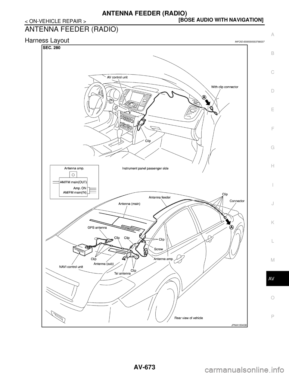 NISSAN TEANA 2008  Service Manual AV
ANTENNA FEEDER (RADIO)
AV-673
< ON-VEHICLE REPAIR >[BOSE AUDIO WITH NAVIGATION]
C
D
E
F
G
H
I
J
K
L
MB A
O
P
ANTENNA FEEDER (RADIO)
Harness LayoutINFOID:0000000003766037
JPNIA1054GB 