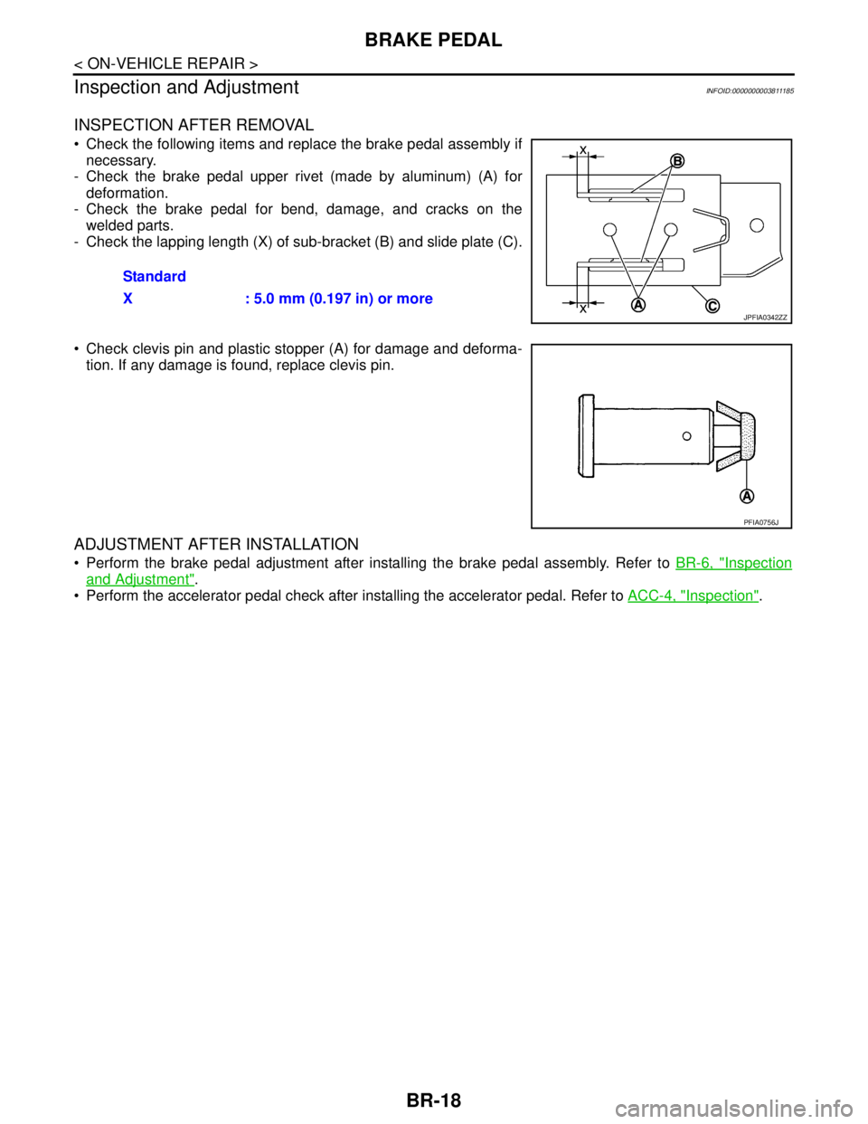 NISSAN TEANA 2008 Service Manual BR-18
< ON-VEHICLE REPAIR >
BRAKE PEDAL
Inspection and Adjustment
INFOID:0000000003811185
INSPECTION AFTER REMOVAL
Check the following items and replace the brake pedal assembly if
necessary.
- Chec NISSAN TEANA 2008 Service Manual BR-18
< ON-VEHICLE REPAIR >
BRAKE PEDAL
Inspection and Adjustment
INFOID:0000000003811185
INSPECTION AFTER REMOVAL
Check the following items and replace the brake pedal assembly if
necessary.
- Chec
