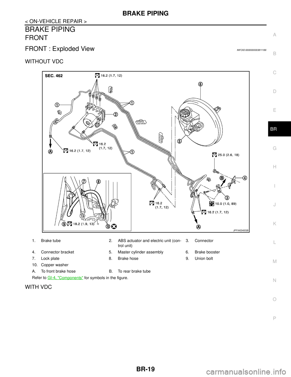 NISSAN TEANA 2008 Service Manual BRAKE PIPING
BR-19
< ON-VEHICLE REPAIR >
C
D
E
G
H
I
J
K
L
MA
B
BR
N
O
P
BRAKE PIPING
FRONT
FRONT : Exploded ViewINFOID:0000000003811186
WITHOUT VDC
WITH VDC
1. Brake tube 2. ABS actuator and electric NISSAN TEANA 2008 Service Manual BRAKE PIPING
BR-19
< ON-VEHICLE REPAIR >
C
D
E
G
H
I
J
K
L
MA
B
BR
N
O
P
BRAKE PIPING
FRONT
FRONT : Exploded ViewINFOID:0000000003811186
WITHOUT VDC
WITH VDC
1. Brake tube 2. ABS actuator and electric