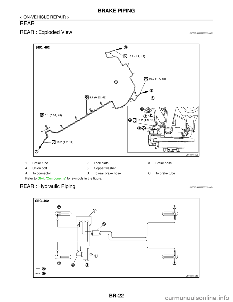 NISSAN TEANA 2008 Service Manual BR-22
< ON-VEHICLE REPAIR >
BRAKE PIPING
REAR
REAR : Exploded ViewINFOID:0000000003811190
REAR : Hydraulic PipingINFOID:0000000003811191
1. Brake tube 2. Lock plate 3. Brake hose
4. Union bolt 5. Copp NISSAN TEANA 2008 Service Manual BR-22
< ON-VEHICLE REPAIR >
BRAKE PIPING
REAR
REAR : Exploded ViewINFOID:0000000003811190
REAR : Hydraulic PipingINFOID:0000000003811191
1. Brake tube 2. Lock plate 3. Brake hose
4. Union bolt 5. Copp