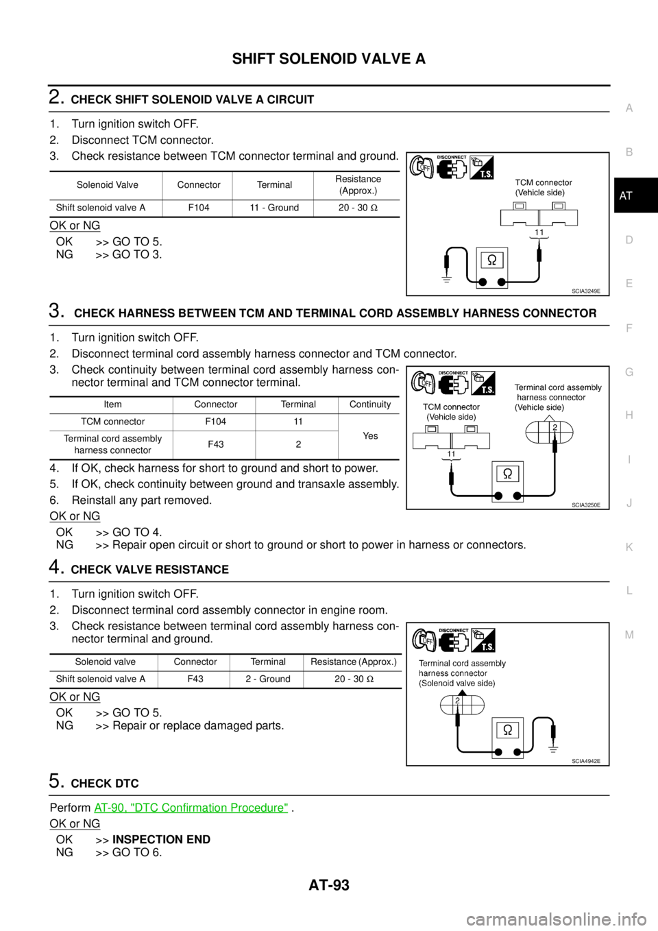 NISSAN TEANA 2003  Service Manual SHIFT SOLENOID VALVE A
AT-93
D
E
F
G
H
I
J
K
L
MA
B
AT
 
2. CHECK SHIFT SOLENOID VALVE A CIRCUIT
1. Turn ignition switch OFF.
2. Disconnect TCM connector.
3. Check resistance between TCM connector ter