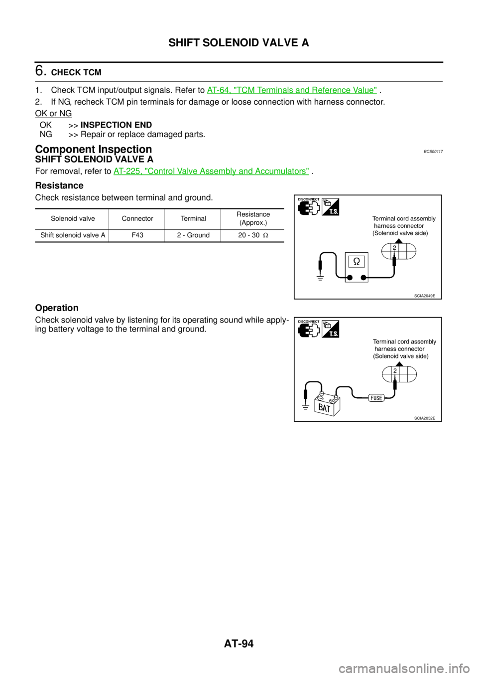 NISSAN TEANA 2003  Service Manual AT-94
SHIFT SOLENOID VALVE A
 
6. CHECK TCM
1. Check TCM input/output signals. Refer to AT- 6 4 ,  "
TCM Terminals and Reference Value" .
2. If NG, recheck TCM pin terminals for damage or loose connec