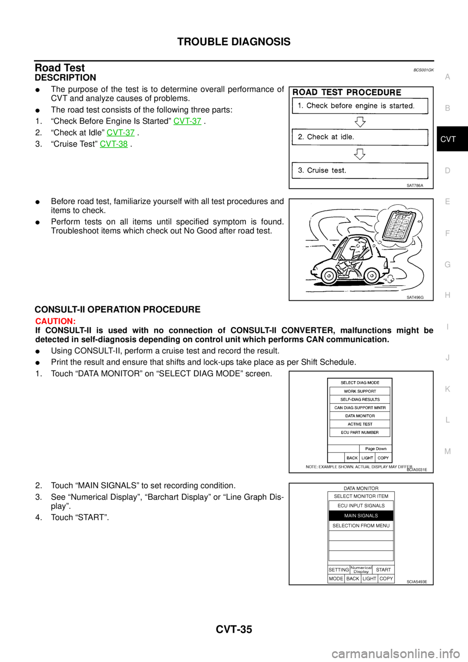 NISSAN TEANA 2003  Service Manual TROUBLE DIAGNOSIS
CVT-35
D
E
F
G
H
I
J
K
L
MA
B
CVT
 
Road TestBCS001GK
DESCRIPTION
The purpose of the test is to determine overall performance of
CVT and analyze causes of problems.
The road test c