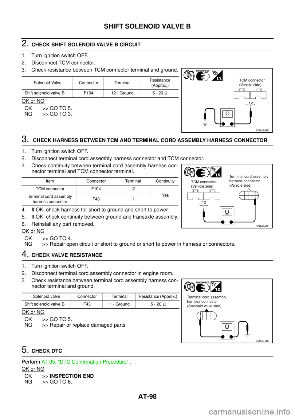NISSAN TEANA 2003  Service Manual AT-98
SHIFT SOLENOID VALVE B
 
2. CHECK SHIFT SOLENOID VALVE B CIRCUIT
1. Turn ignition switch OFF.
2. Disconnect TCM connector.
3. Check resistance between TCM connector terminal and ground.
OK or NG