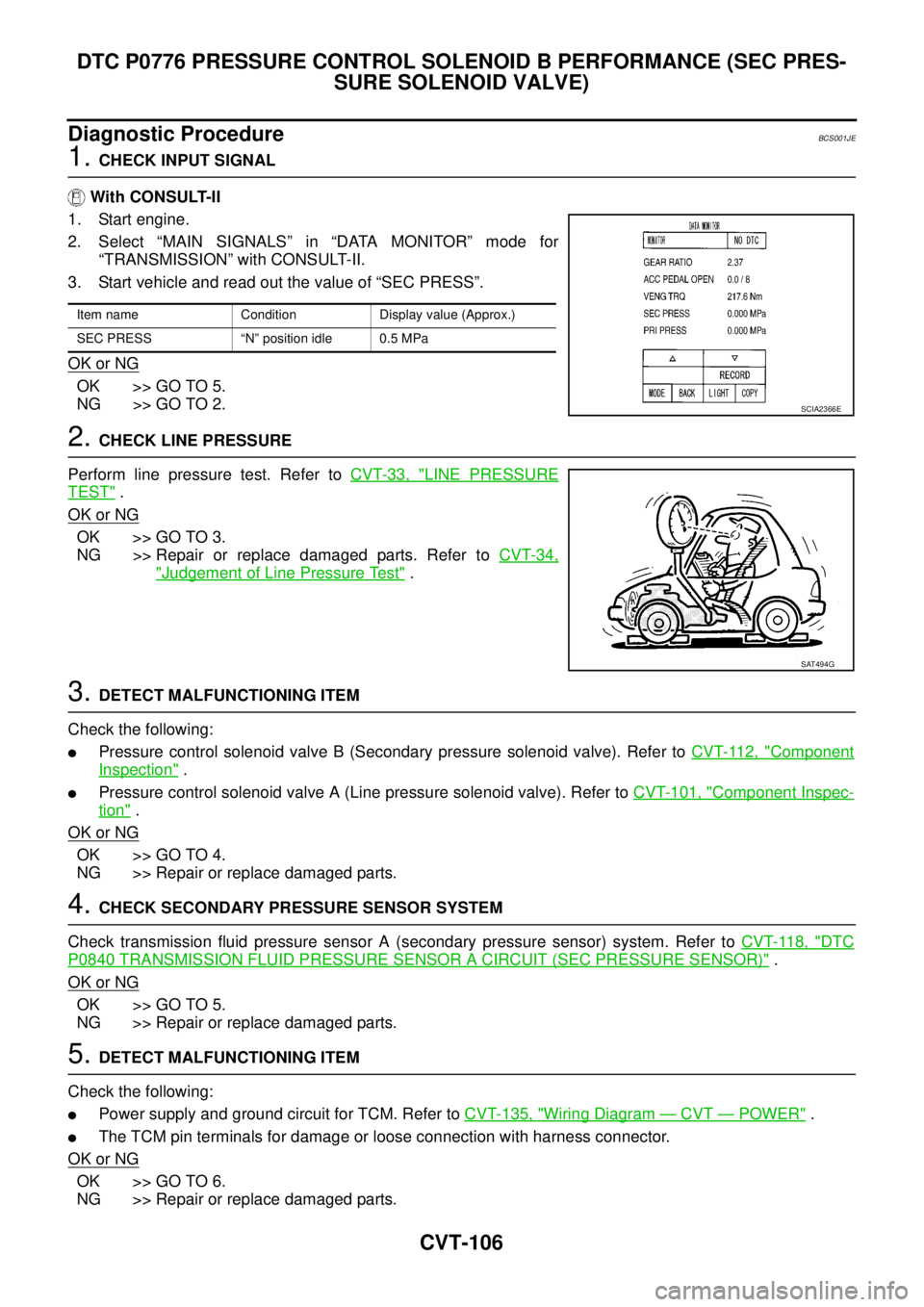 NISSAN TEANA 2003 Service Manual CVT-106
DTC P0776 PRESSURE CONTROL SOLENOID B PERFORMANCE (SEC PRES-
SURE SOLENOID VALVE)
Diagnostic ProcedureBCS001JE
1. CHECK INPUT SIGNAL
With CONSULT-II
1. Start engine.
2. Select “MAIN SIGNA NISSAN TEANA 2003 Service Manual CVT-106
DTC P0776 PRESSURE CONTROL SOLENOID B PERFORMANCE (SEC PRES-
SURE SOLENOID VALVE)
Diagnostic ProcedureBCS001JE
1. CHECK INPUT SIGNAL
With CONSULT-II
1. Start engine.
2. Select “MAIN SIGNA